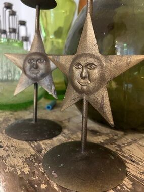 Source Unknown Rustic Metal Star Face Candle Holders in Bronze and Green